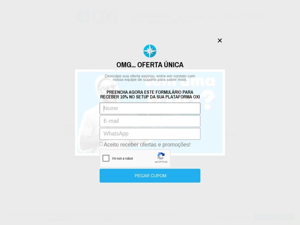 Página inicial do site de OXI Lojas Virtuais