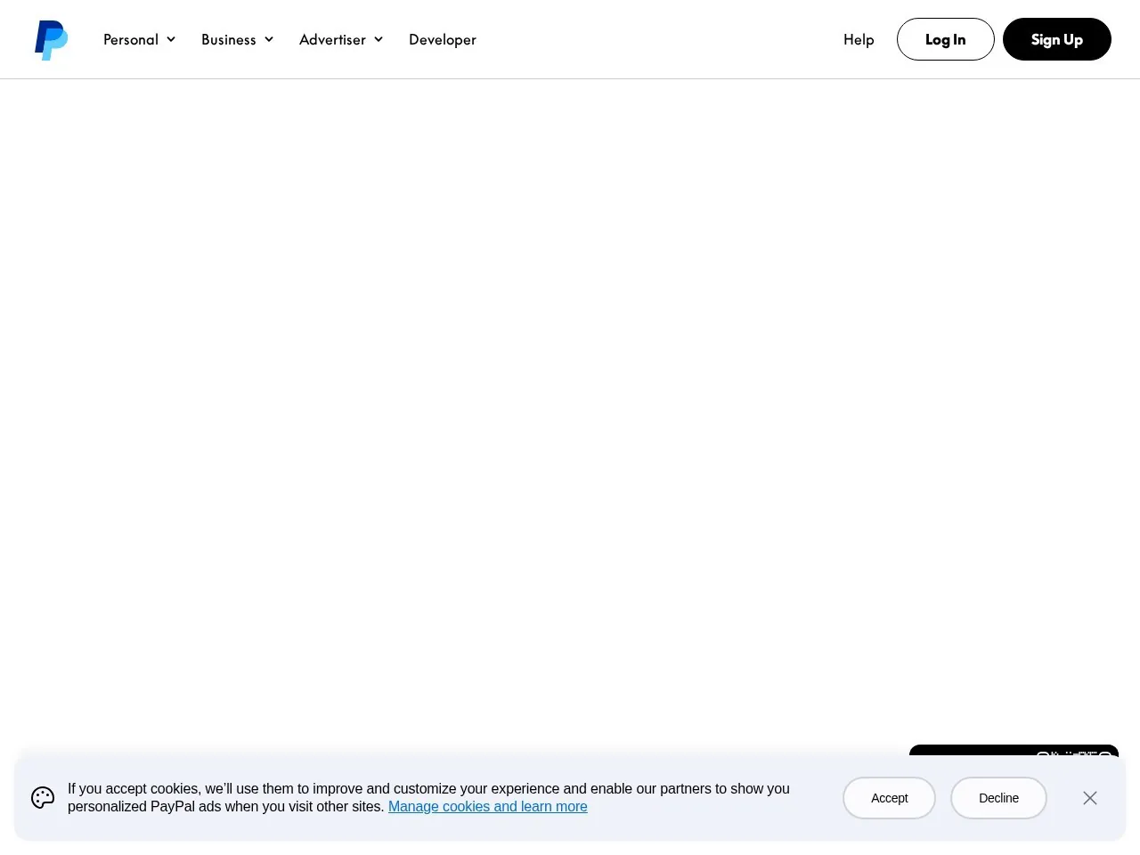 Página inicial do site de PayPal
