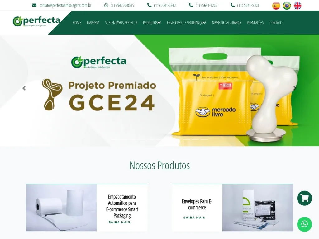 Página inicial do site de Perfecta Embalagens Inteligentes