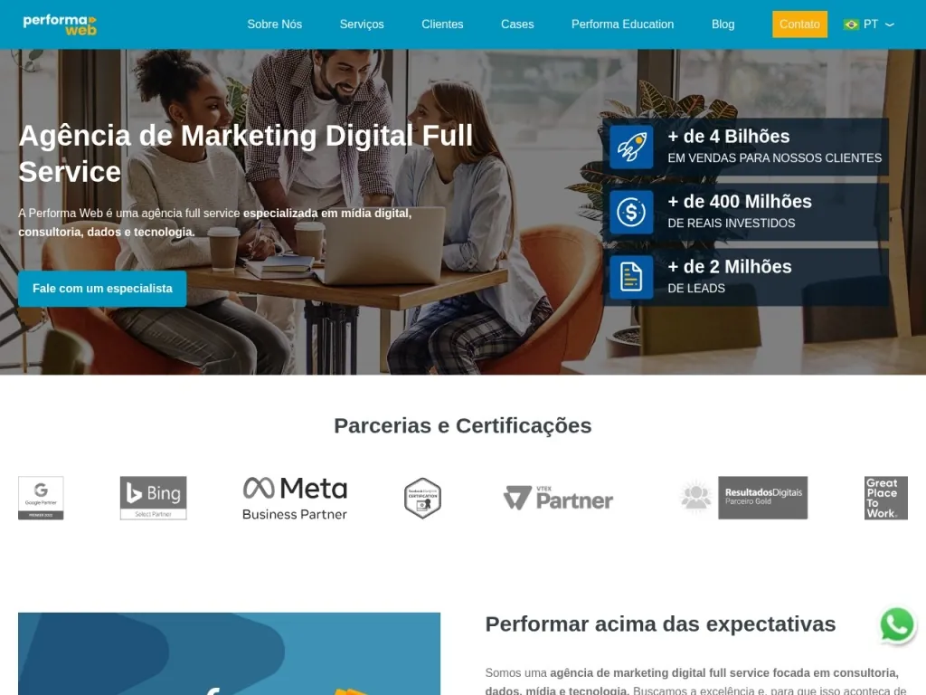 Página inicial do site de Performa Web