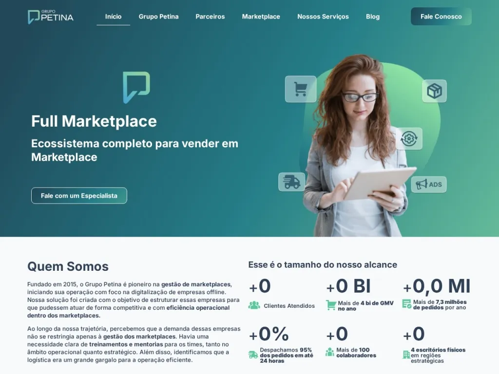 Página inicial do site de Petina Soluções em Negócios Digitais