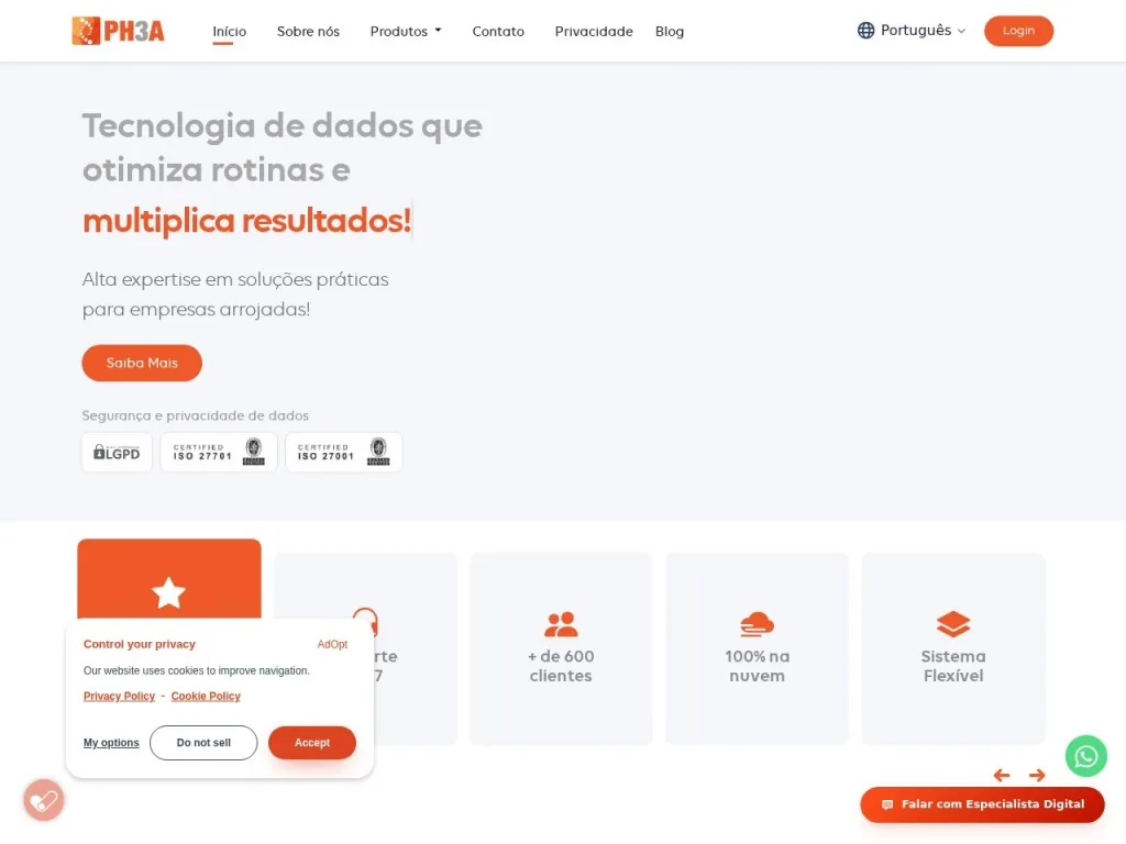 Página inicial do site de PH3A