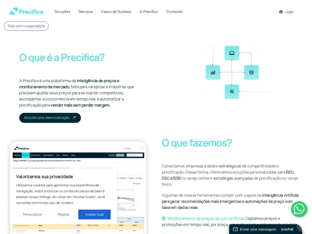 Página inicial do site de Precifica