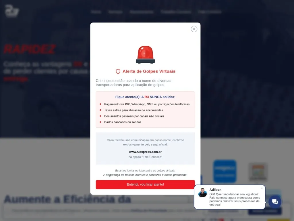 Página inicial do site de R3 Express