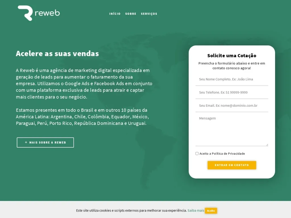 Página inicial do site de Reweb