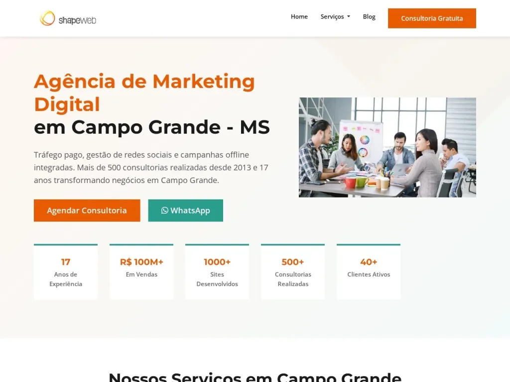 Página inicial do site de Shape Web