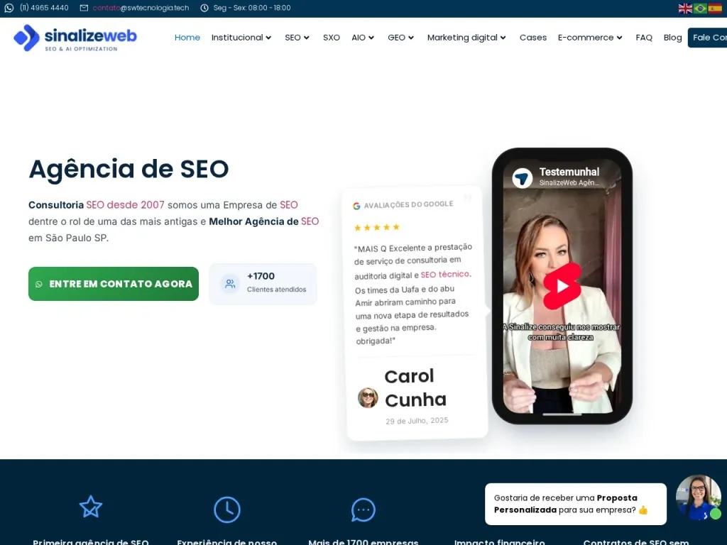 Página inicial do site de SinalizeWeb