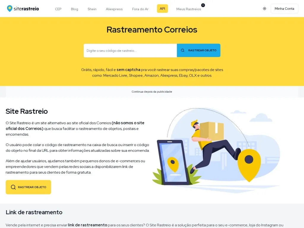 Página inicial do site de Site Correios