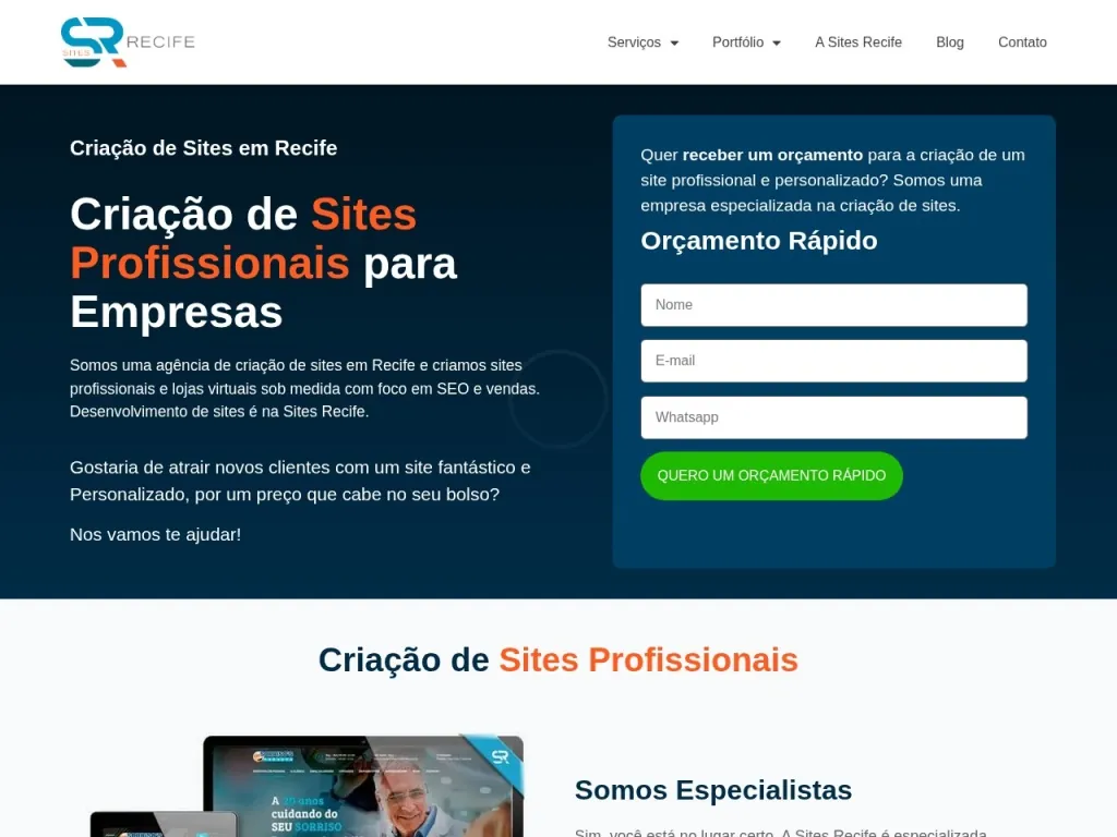Página inicial do site de Sites Recife