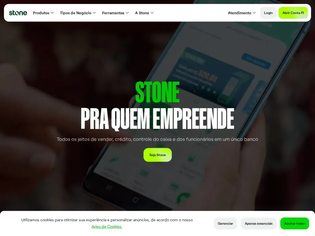 Página inicial do site de Stone