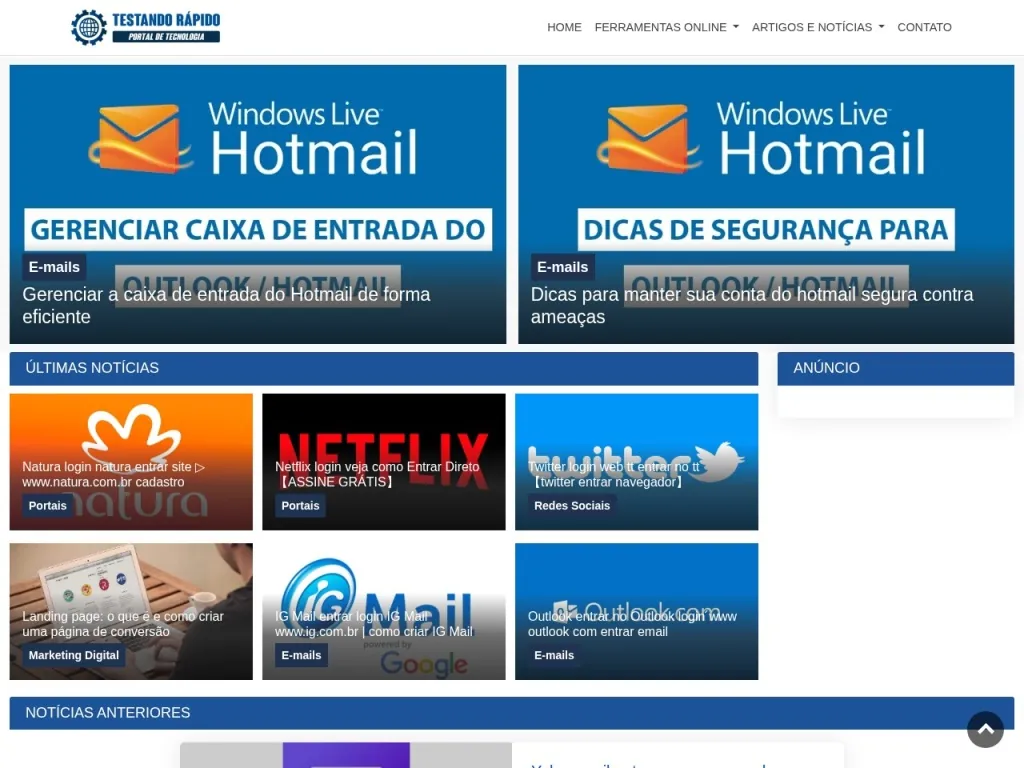 Página inicial do site de TESTR