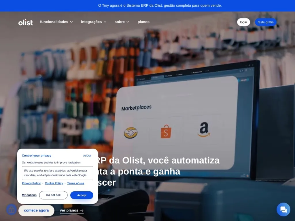Página inicial do site de Tiny ERP