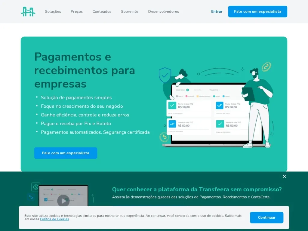 Página inicial do site de Transfeera
