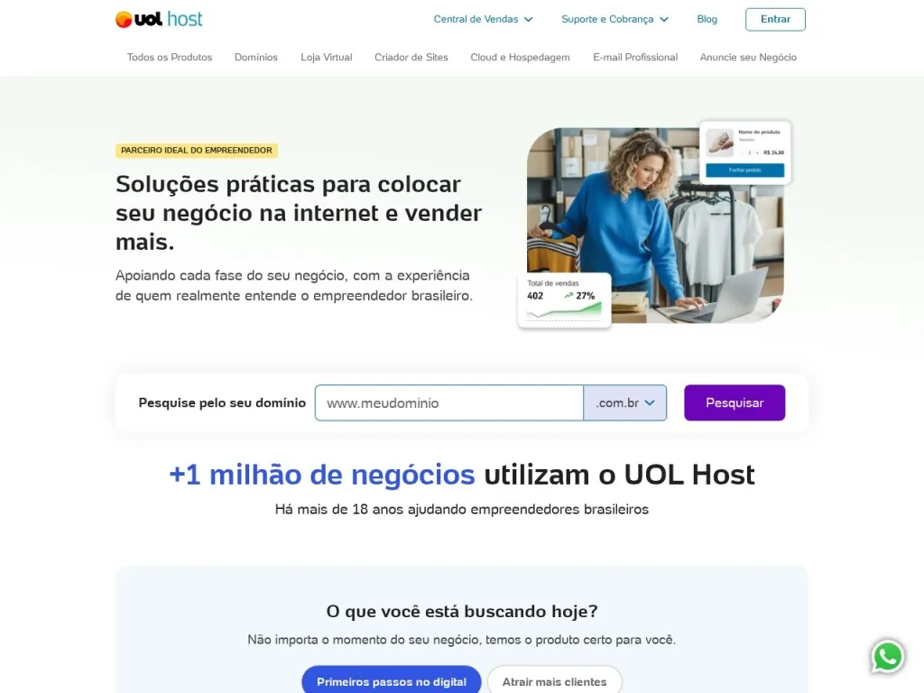 Página inicial do site de UOL HOST