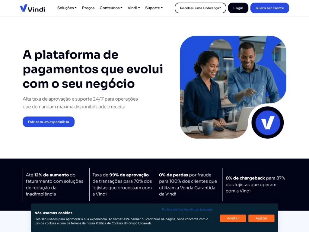 Página inicial do site de Vindi
