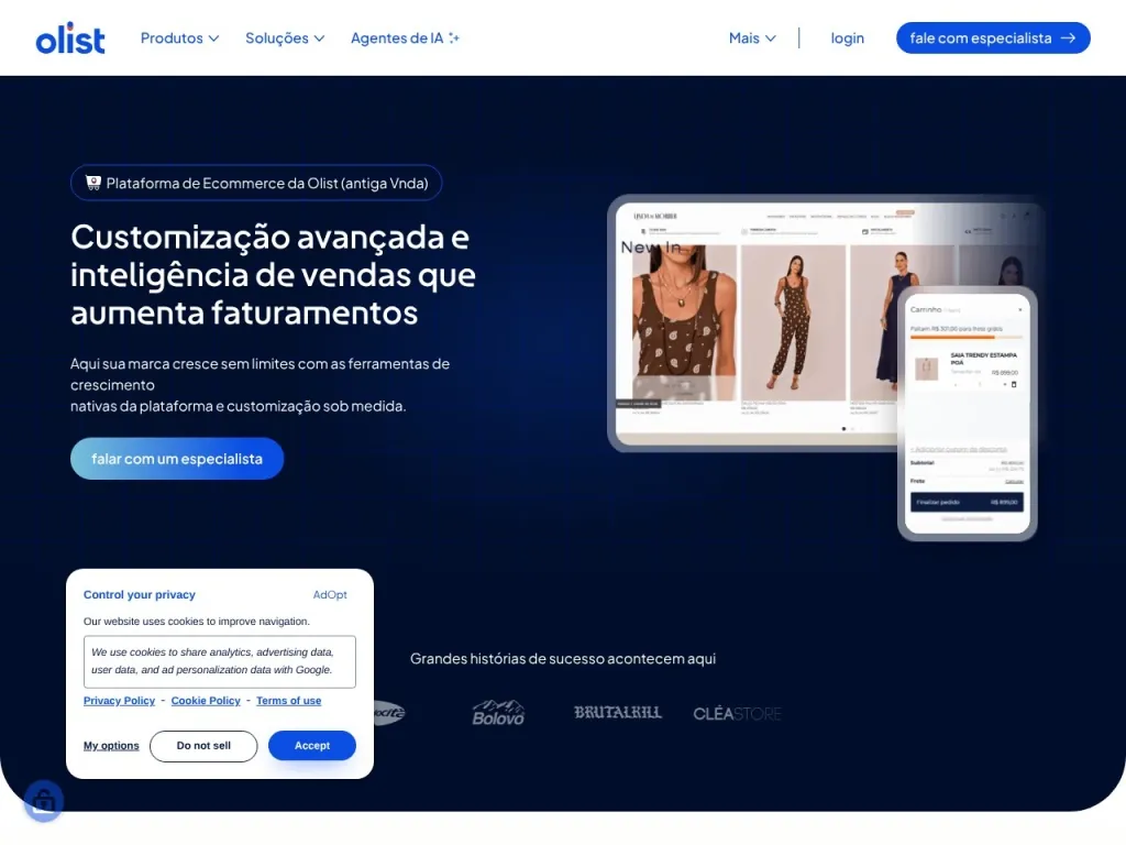 Página inicial do site de Vnda