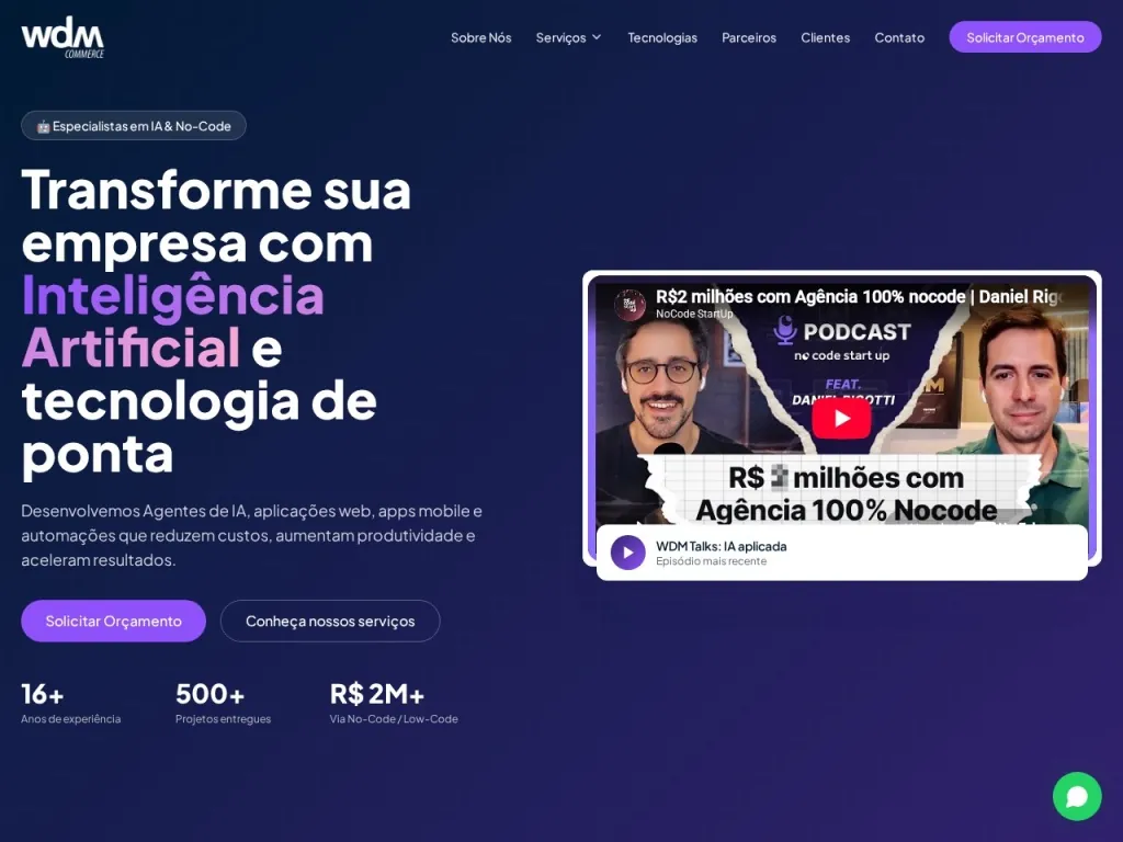 Página inicial do site de WDM Commerce