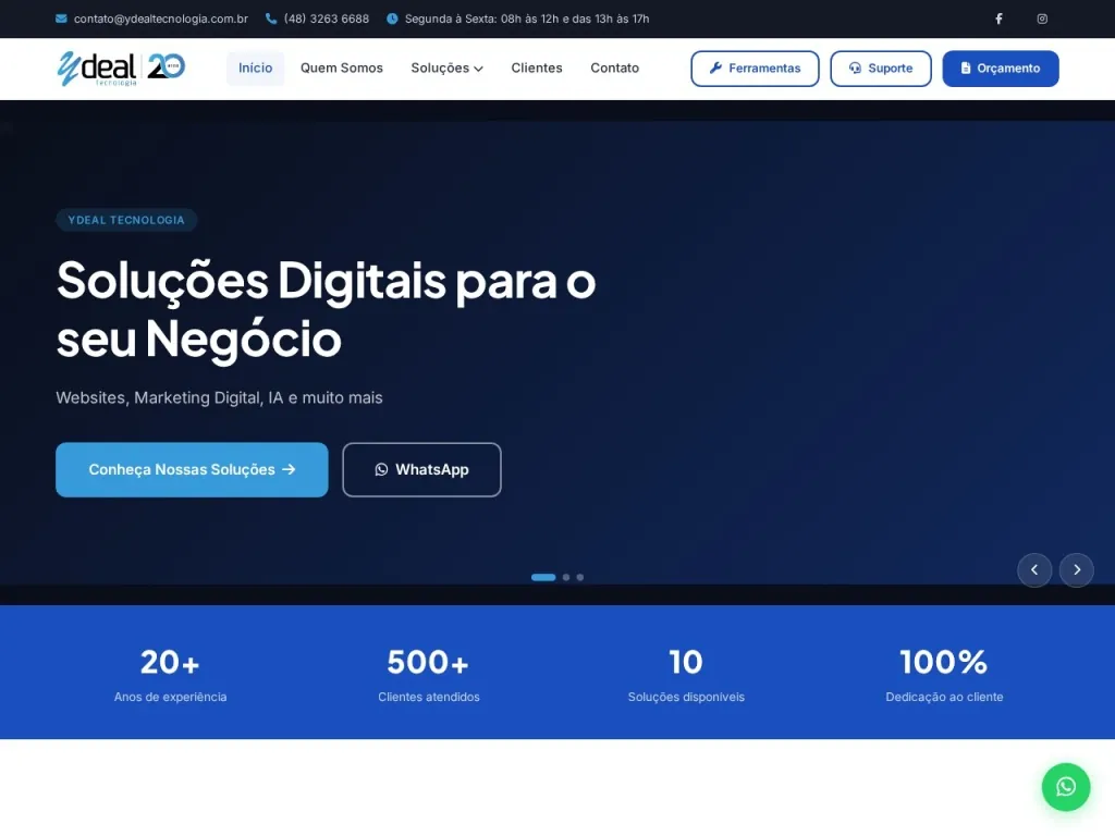 Página inicial do site de Ydeal Tecnologia