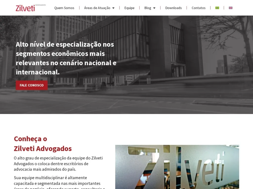 Página inicial do site de Zilveti Advogados